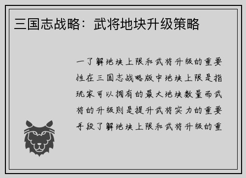 三国志战略：武将地块升级策略